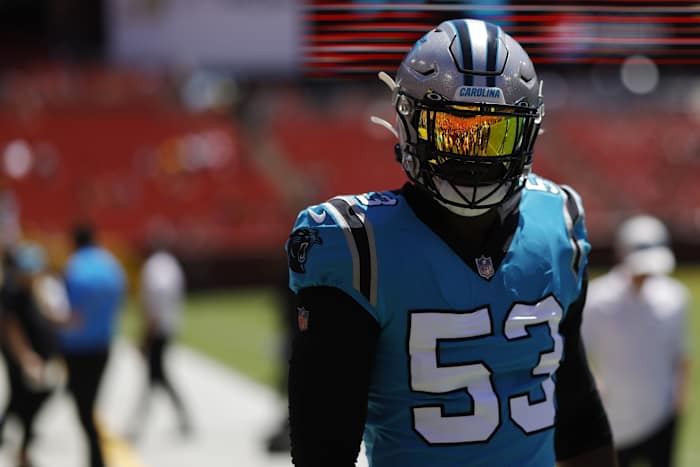 Aug 13, 2022; Landover, Maryland, USA; Carolina Panthers defensive end Brian Burns (53) walks off the field during warmups prior to the Panthers' game against the Washington Commanders at FedExField. Mandatory Credit: Geoff Burke-USA TODAY Sports